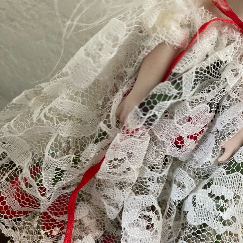 VTG Angel Feather Wings Porcelain Face Ornament Lace Dress Roses Baby Breath 8”L